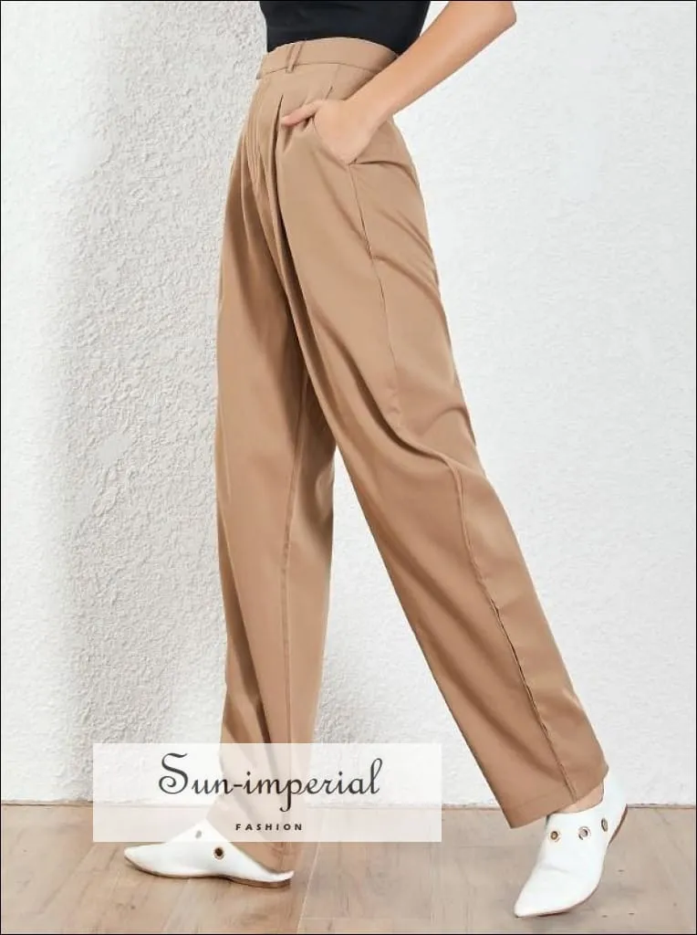 Barcelona Pants - Solid Khaki  Women Wide Leg High Waist Trousers