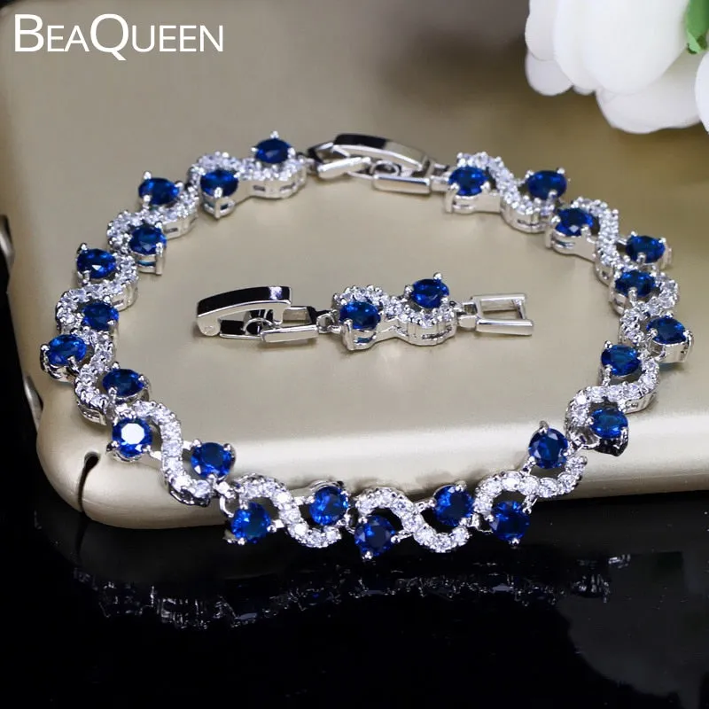 BeaQueen Charming Dark Blue Crystal Women Tennis Bracelets with Cubic Zirconia Stone Brides Party Accessories Jewelry Gift B016