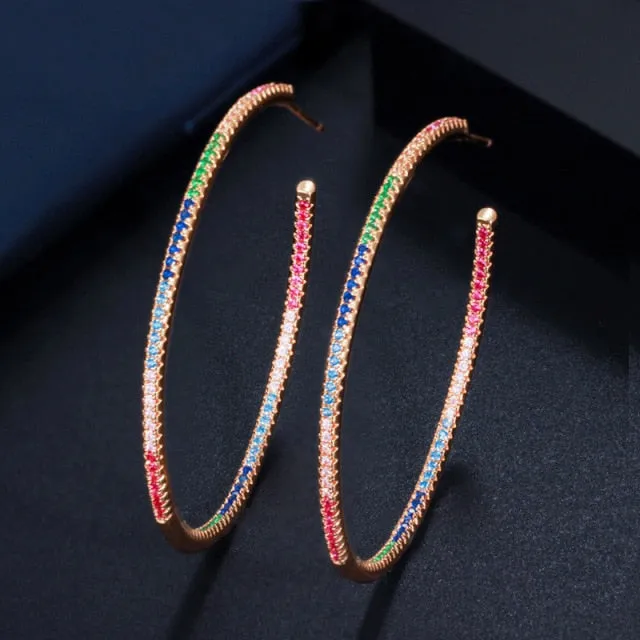 BeaQueen Creative Dubai Gold Color Round Shape Double Side Full Paved Colorful Cubic Zircon Big Circle Hoop Earring Jewelry E297