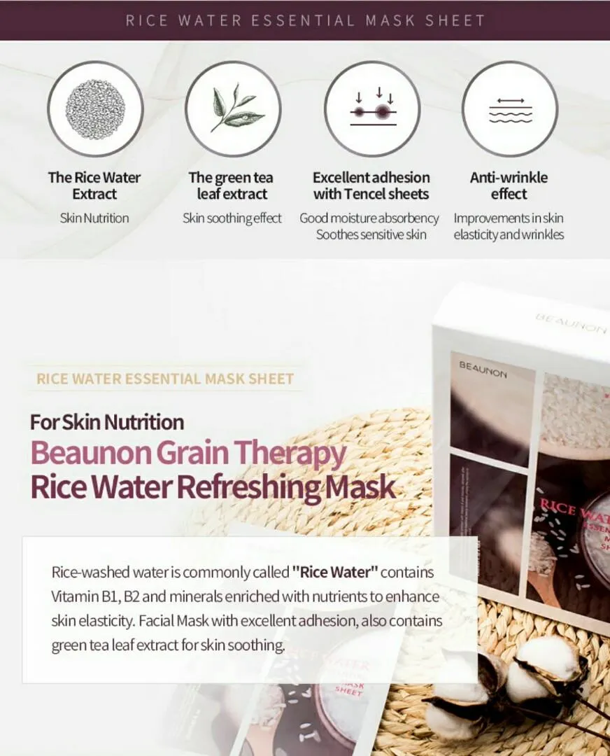 Beaunon Graintherapy Rice Water Refreshing Essential Mask 10 Sheets