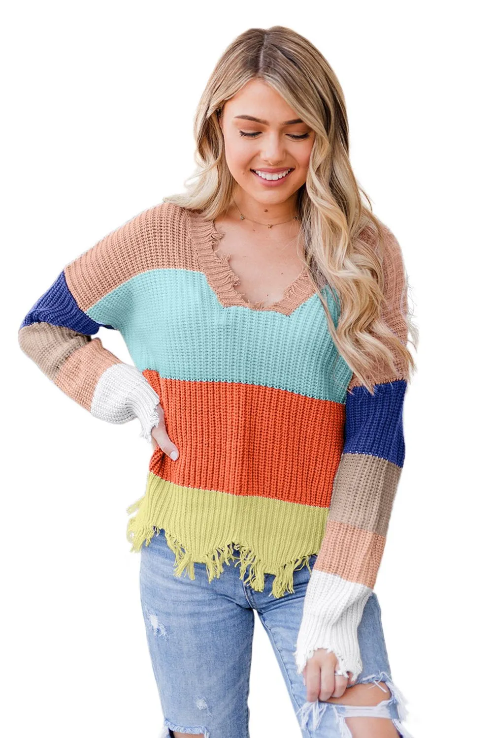 Beige Colorblock Stripes Distressed Sweater