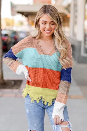 Beige Colorblock Stripes Distressed Sweater