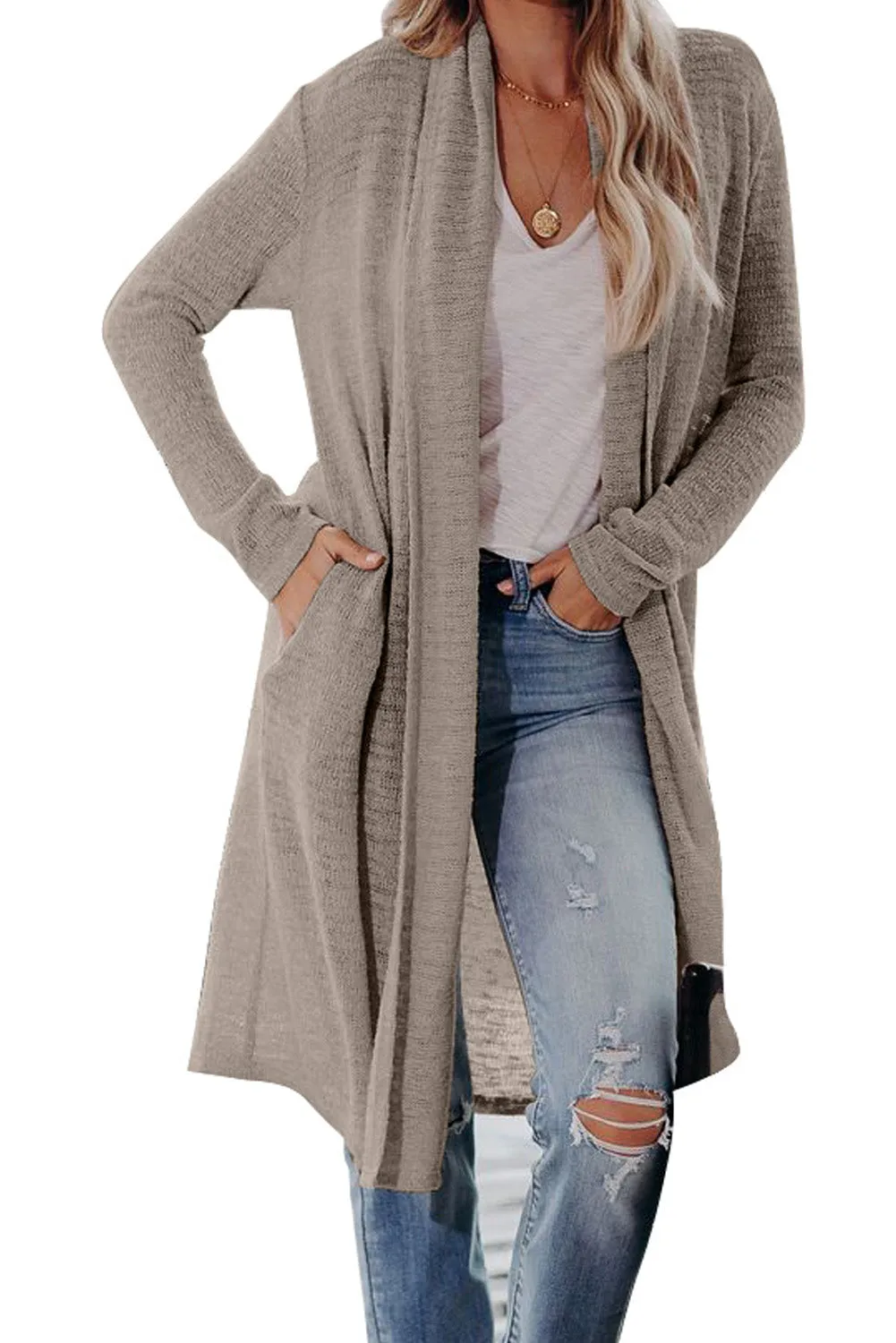 Beige Long Sleeves Pocketed Slouchy Cardigan