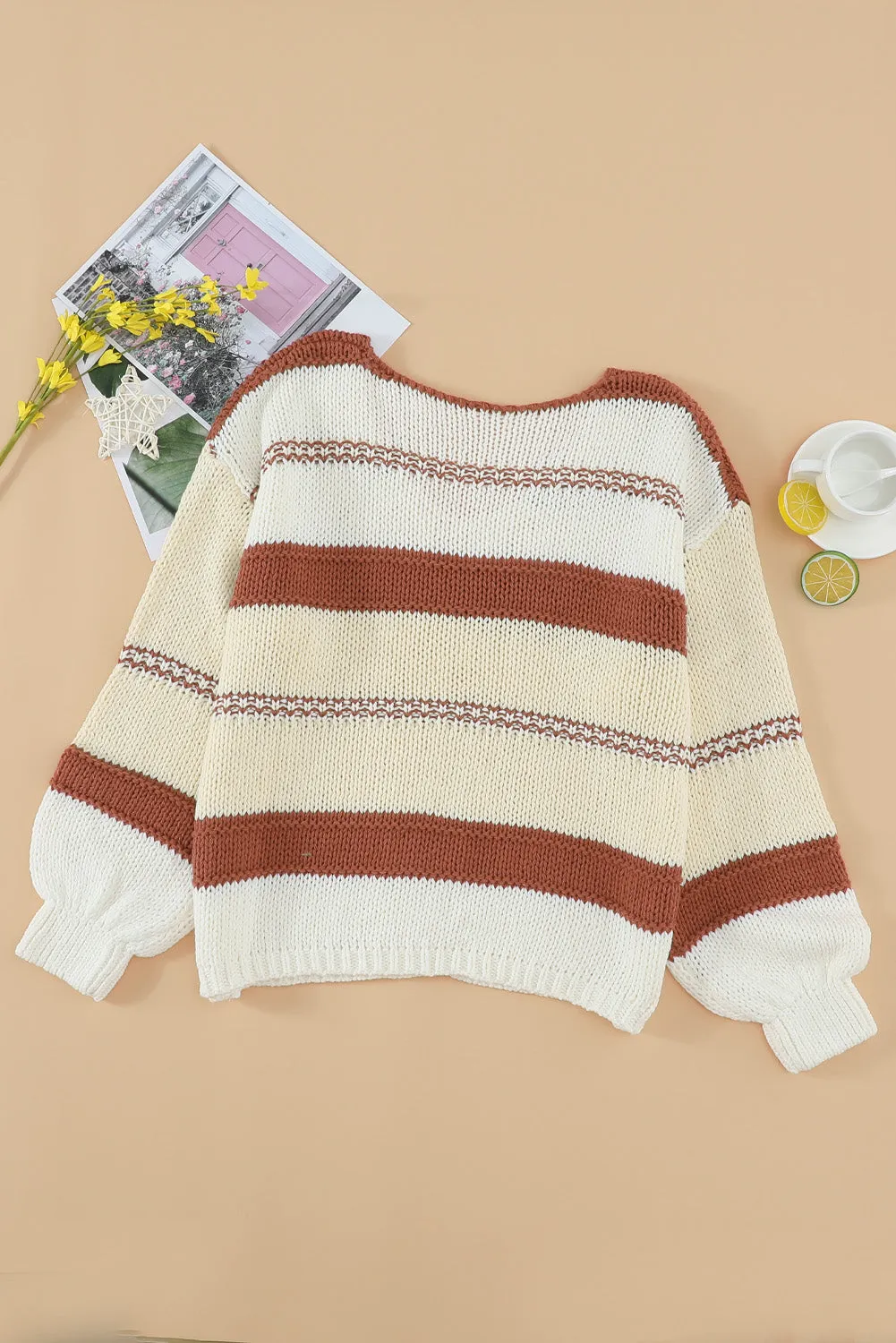 Beige Red Striped Sweater