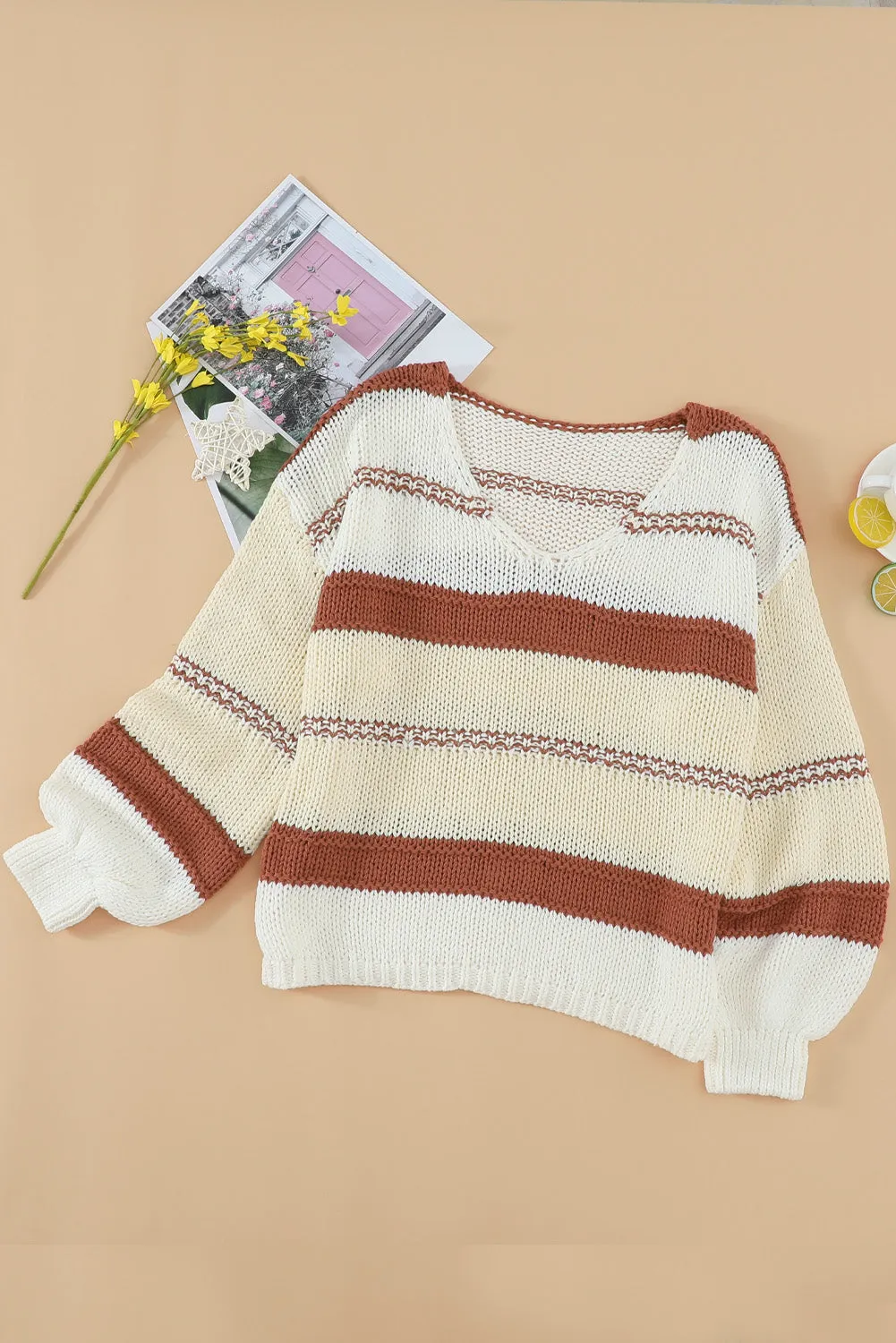 Beige Red Striped Sweater