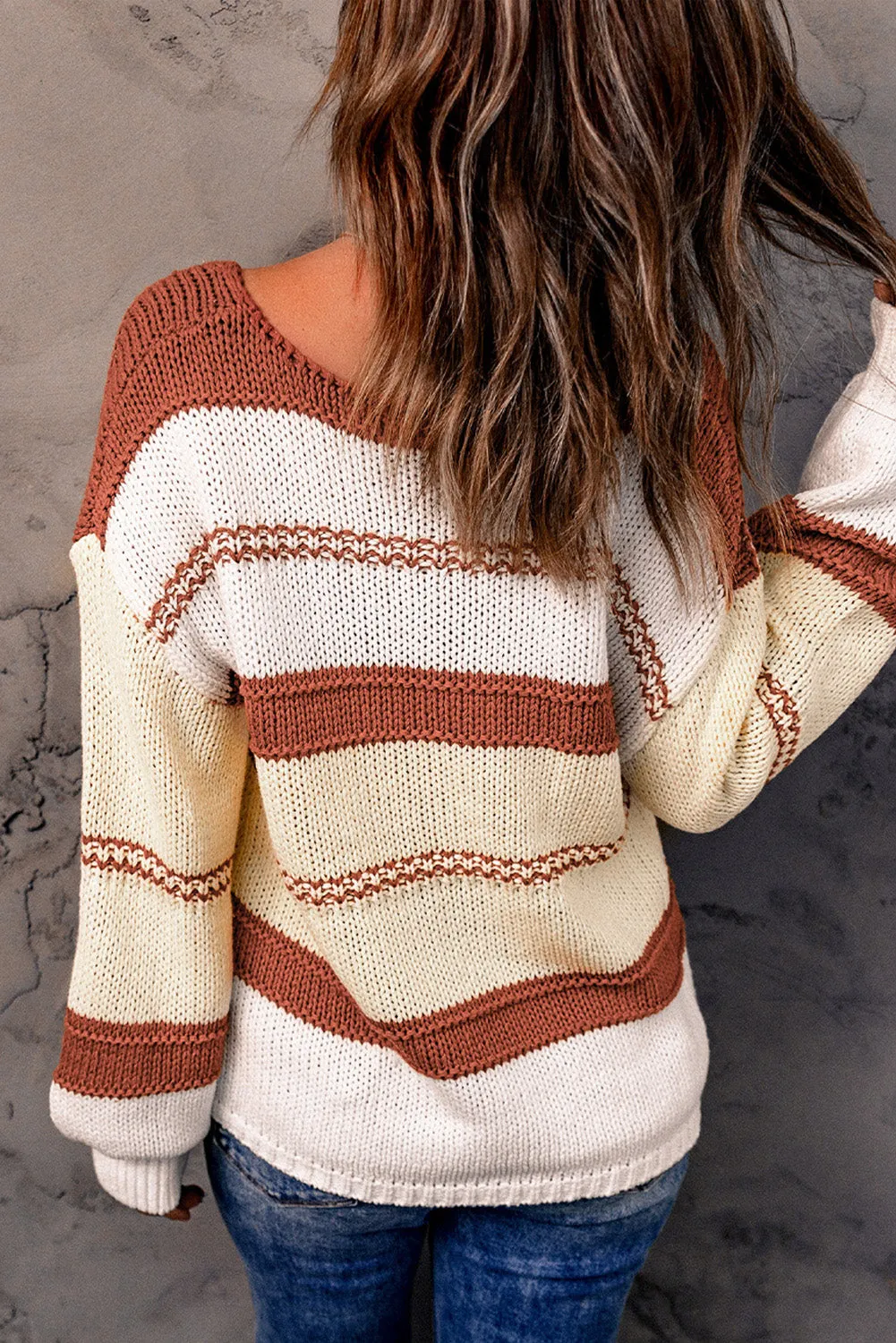 Beige Red Striped Sweater