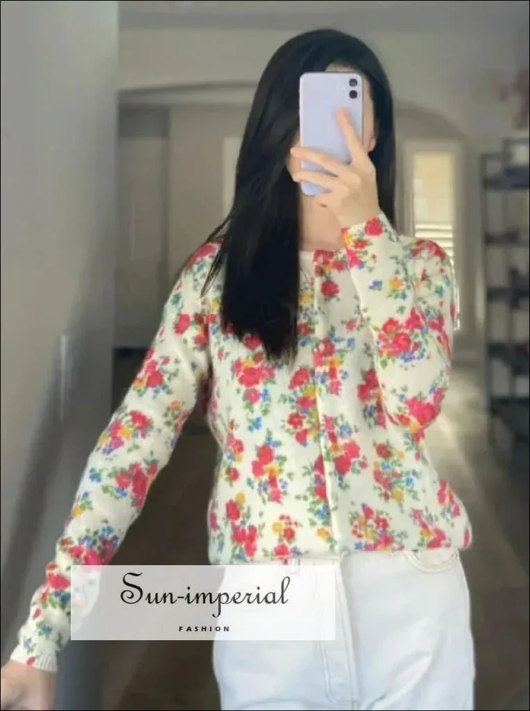 Beige Rose Print Women V-neck Long Sleeve Single Breasted Knitwear Short Cardigan Sweater