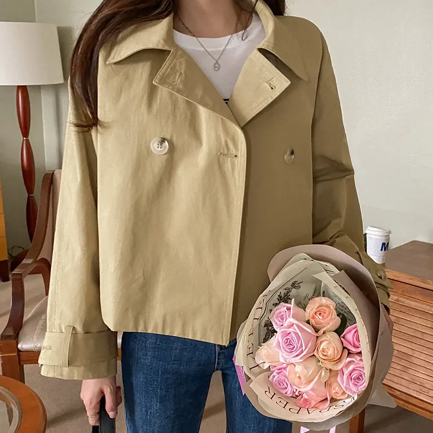 Beige Short Cropped Classic Double Breasted Trench Coats For Womens 100% Cotton Korean Clothing Clothes Outerwear Loose Fitted Spring Autumn