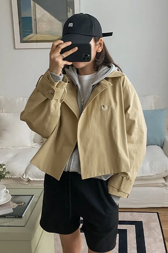 Beige Short Cropped Classic Double Breasted Trench Coats For Womens 100% Cotton Korean Clothing Clothes Outerwear Loose Fitted Spring Autumn