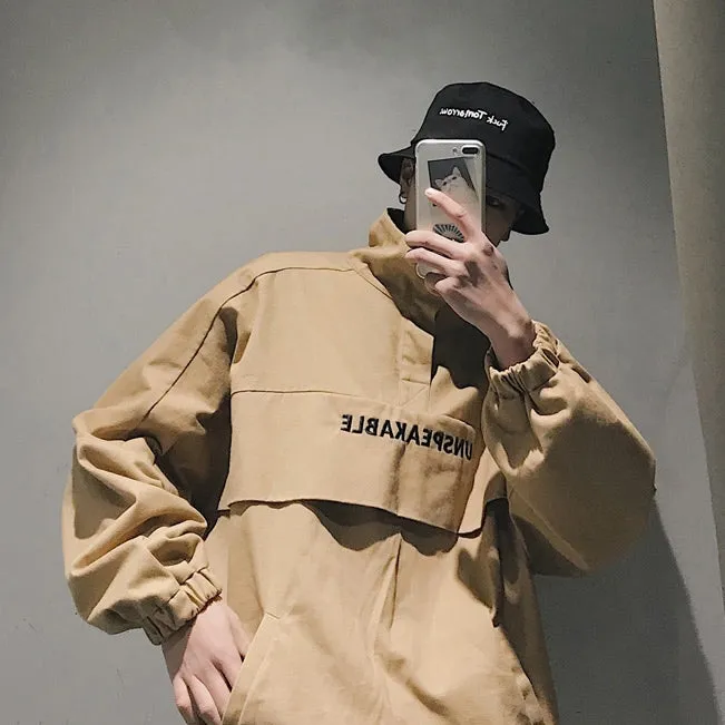 Beige UNSPEAKABLE Graphic Jackets Mens Streetwear Tops Kpop Fashion