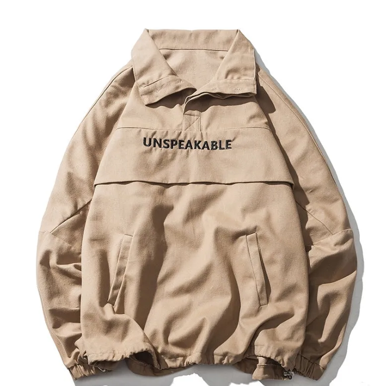 Beige UNSPEAKABLE Graphic Jackets Mens Streetwear Tops Kpop Fashion