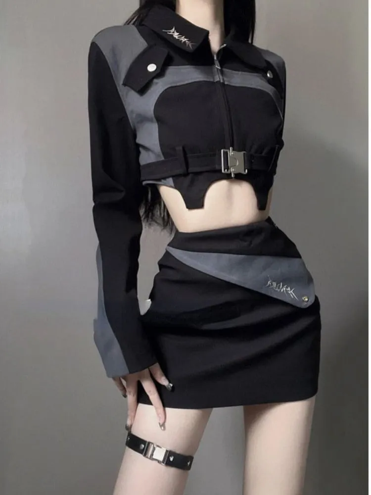 BerryBetty - 2024 Autumn Black 2 Piece Dress Set Women Casual Y2k Crop Tops   Mini Skrits Korean Fashion Suits Bodycon Elegant Chic Blouse