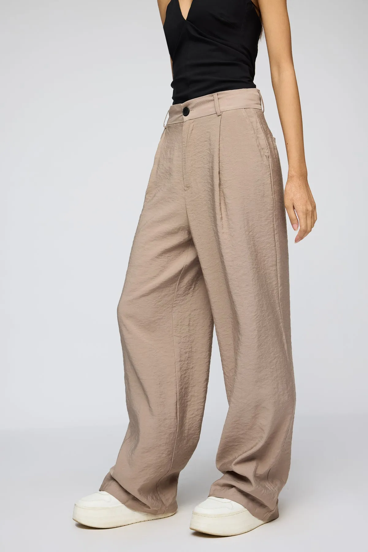 Bisque Beige Pleated Straight Fit Korean Pants