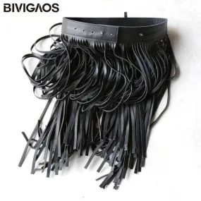 BIVIGAOS Womens PU Leather Girdle Long Skirt Tassel Belt Skirts Female Wild Gypsy Style Skirts Adjustable Faldas Largas Saias