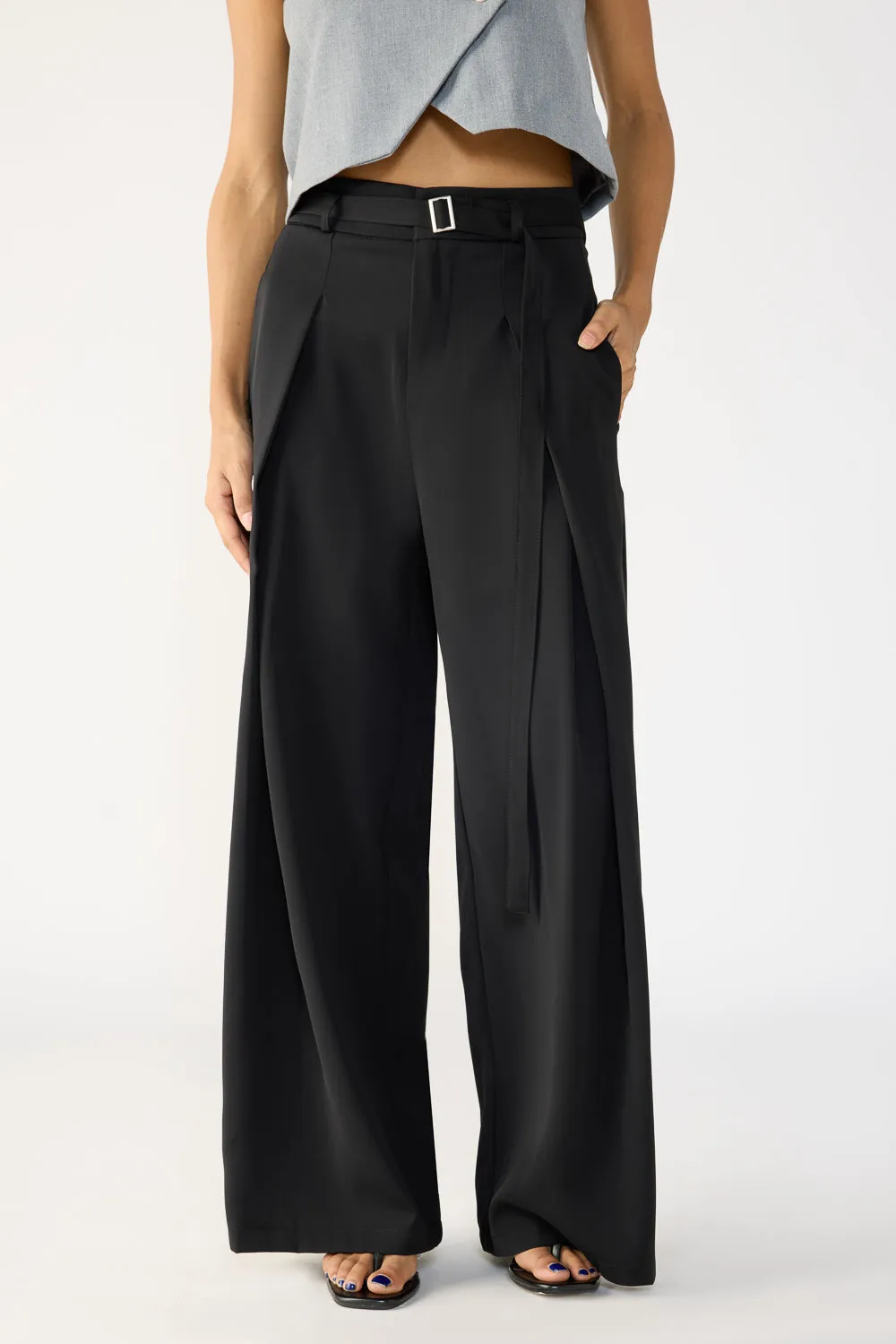 Black Belted Flared Korean Pants