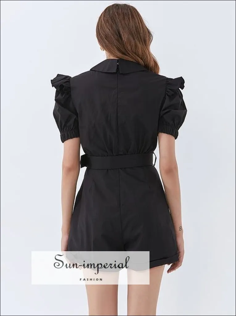 Black Fitted Short Sleeve Belted Romper with Deep V Neckline and Lace Trim detail