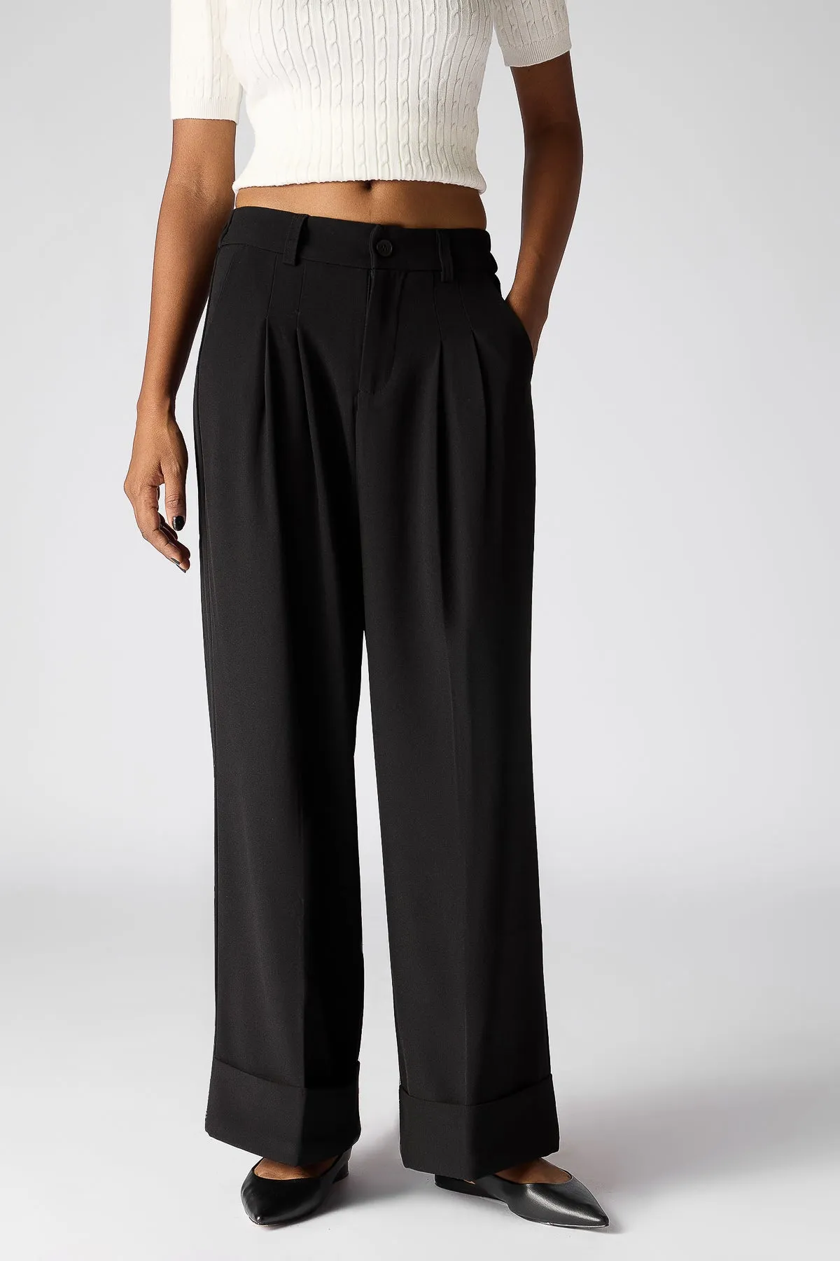 Black Flared Pleated Korean Pants