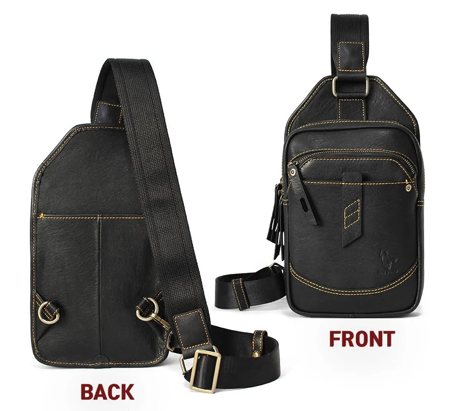 Black Genuine Cowhide Leather Sling Bags Messengers Travel Backpacks