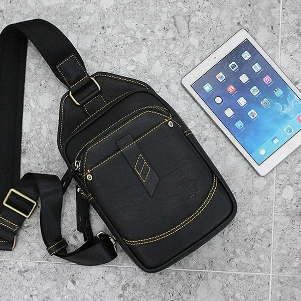 Black Genuine Cowhide Leather Sling Bags Messengers Travel Backpacks