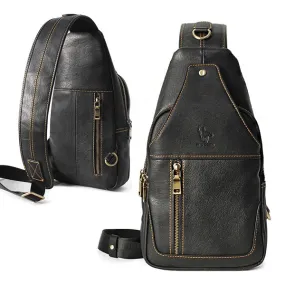 Black Genuine Cowhide Leather Sling Bags Messengers Travel Backpacks