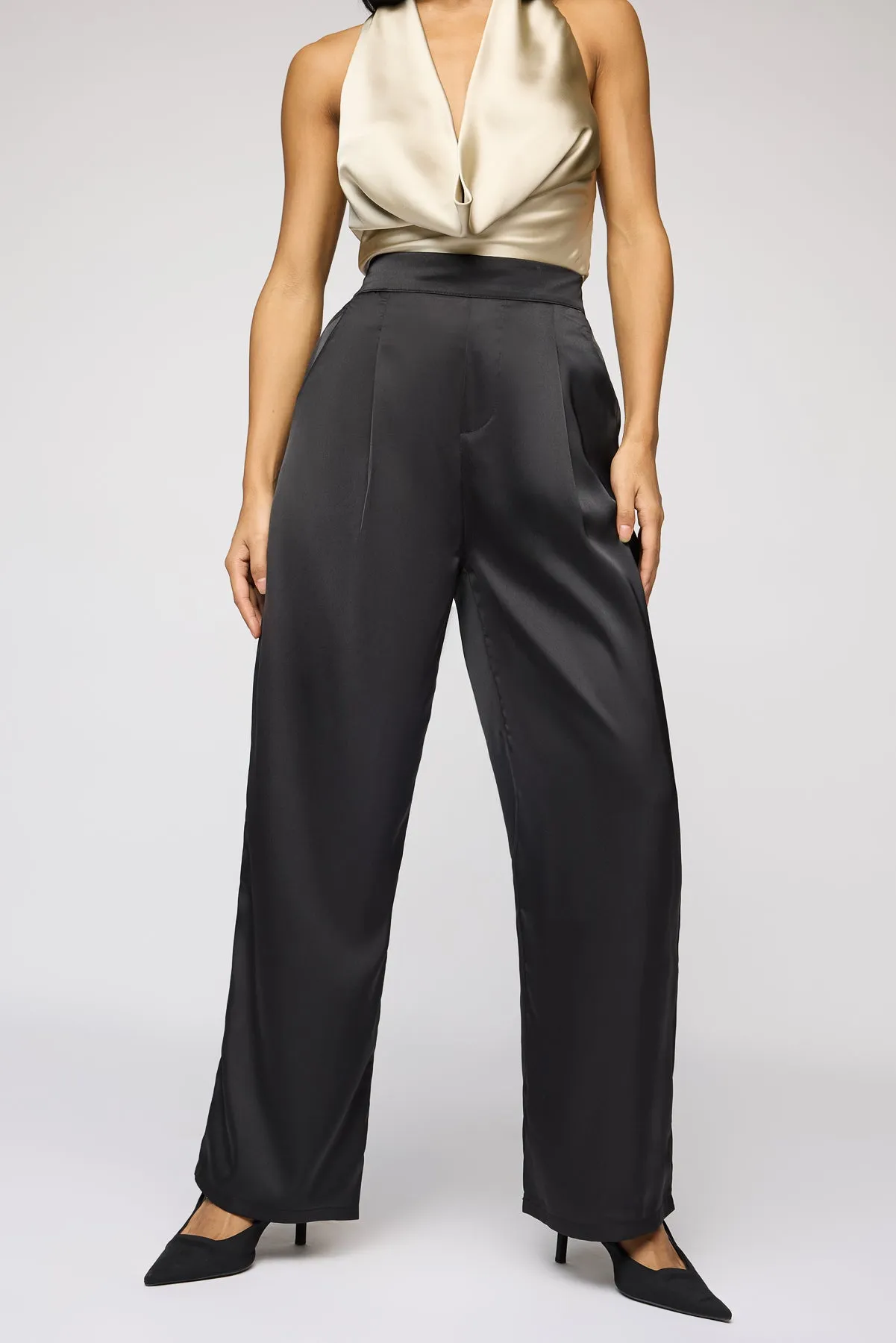 Black Iris Satin Straight Korean Pants