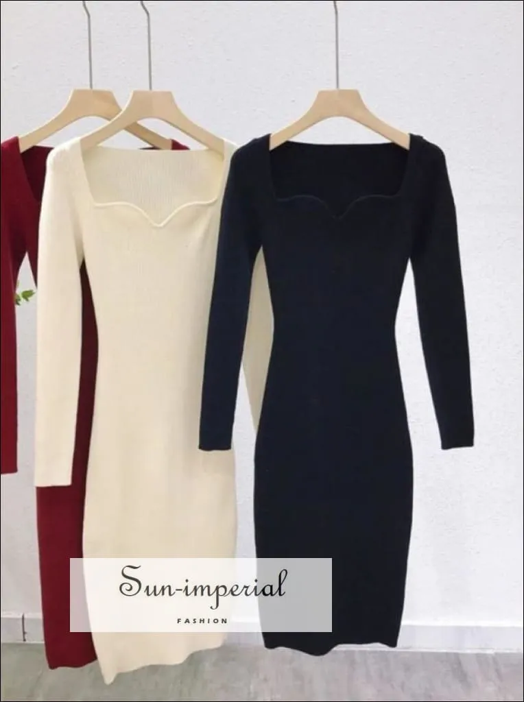 Black Long Sleeve Midi Bodycon Vintage Square Heart Shape Knit Sweater Dress