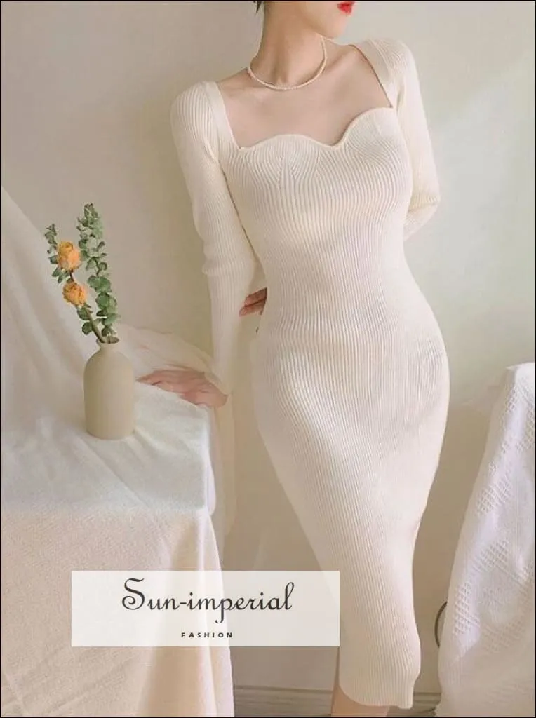 Black Long Sleeve Midi Bodycon Vintage Square Heart Shape Knit Sweater Dress