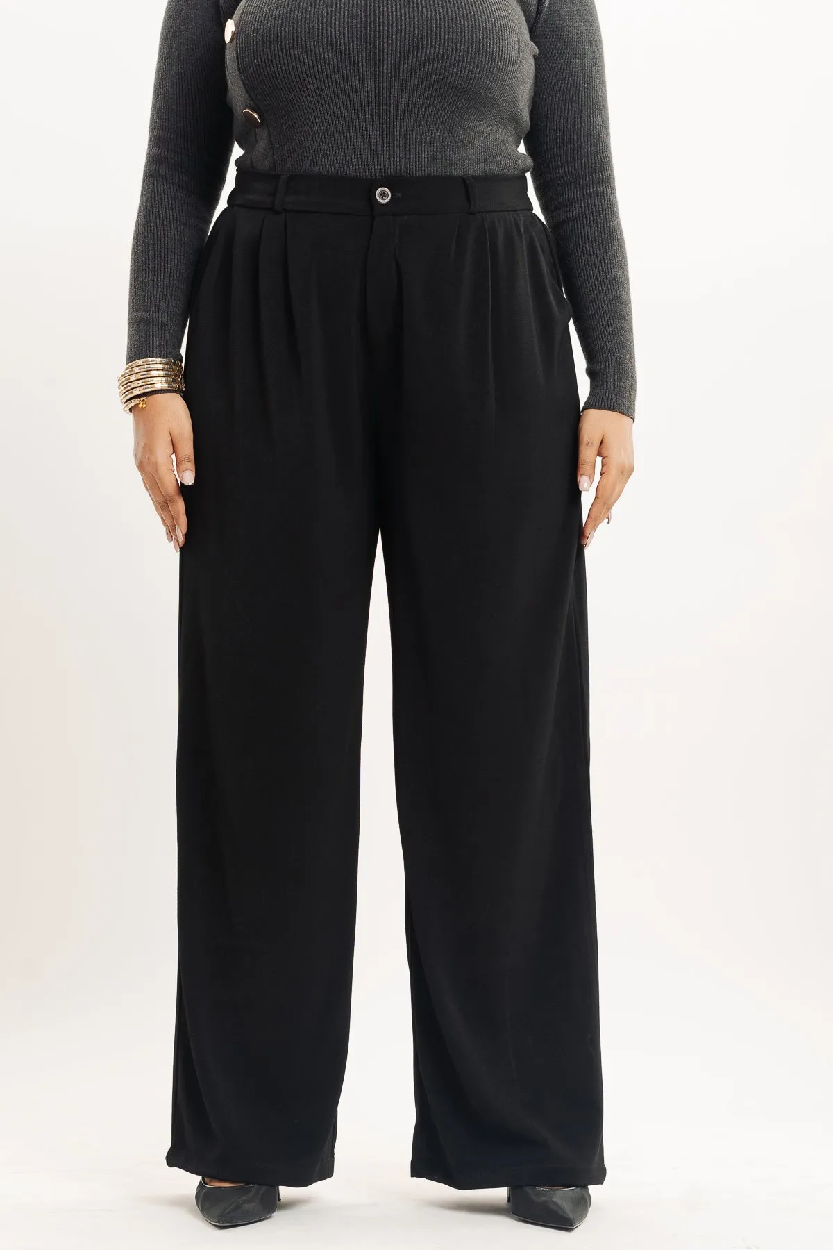 Black Pleated Straight Fit Curve Korean Pant