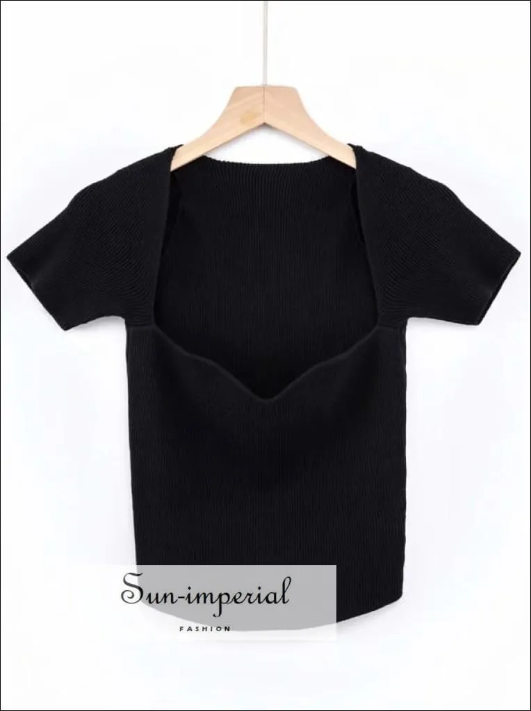 Black Rib Knitted top Sweetheart Neck