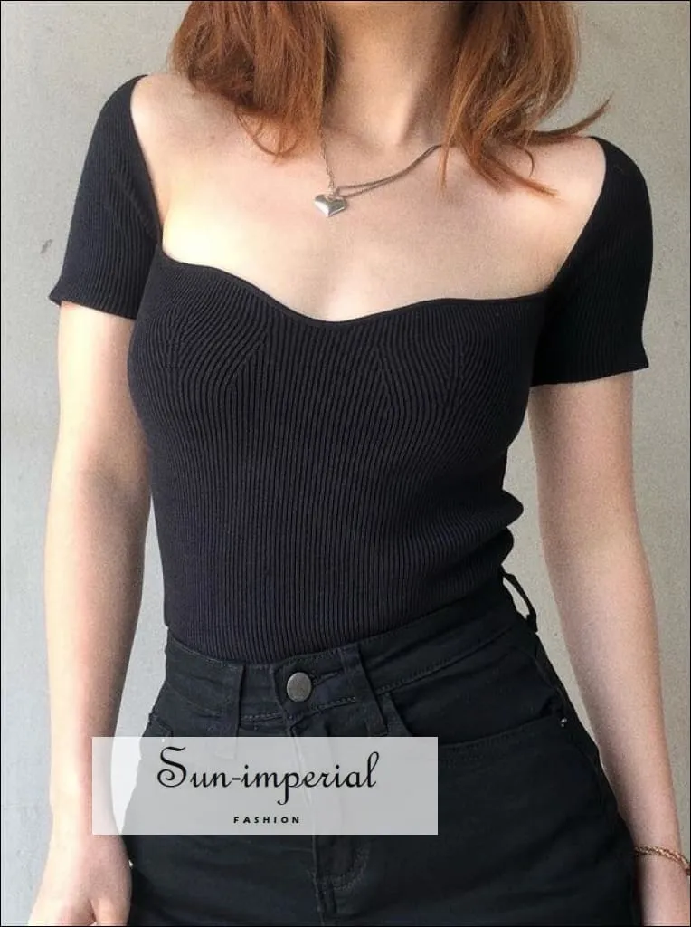 Black Rib Knitted top Sweetheart Neck