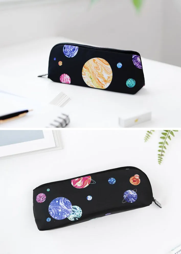 Black Space Planet Graphic Pencil Cases Stationery Zipper School 19cm Office Cosmetics Pouches Artists Designer Prints Gifts Bags Purses Students Inner Pocket