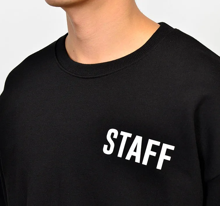 Black Staff Graphic Casual Long Sleeved Sweatshirts Mens Crewneck Tops Loose Fit Made in Korean Fashion Kpop Style