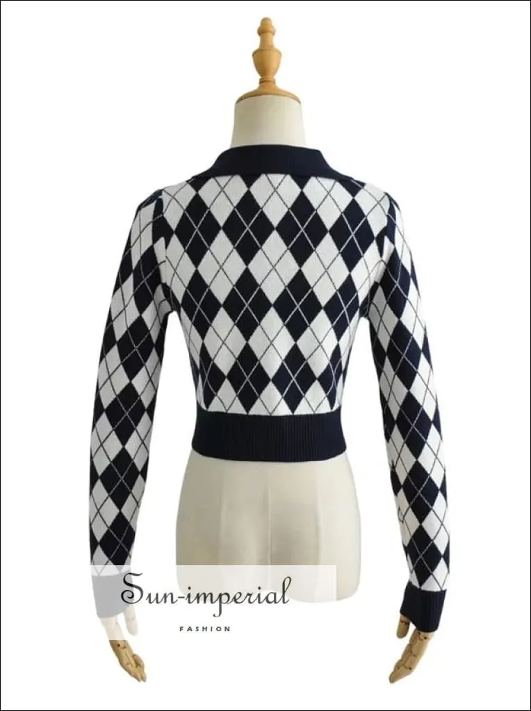 Black Women Collared Fitted Crop Cardigan Knitted Argyle Crop Cardigan