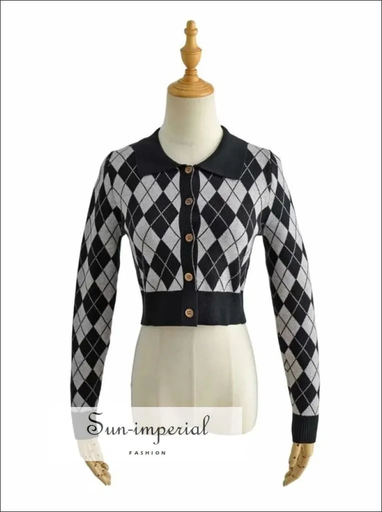 Black Women Collared Fitted Crop Cardigan Knitted Argyle Crop Cardigan