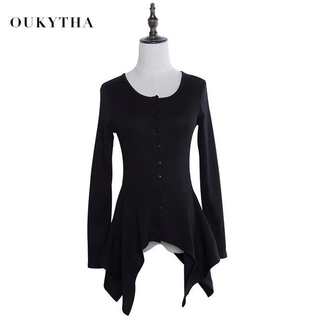 Blouse & Shirts Korean Slim Cotton Black Coat Ladies Designer Irregular Long sleeve Women Oukytha T15150