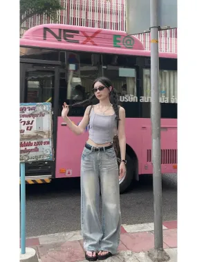 Blue Baggy Women Kpop Y2K Vintage Distressed Streetwear Oversize Wide Leg Pant