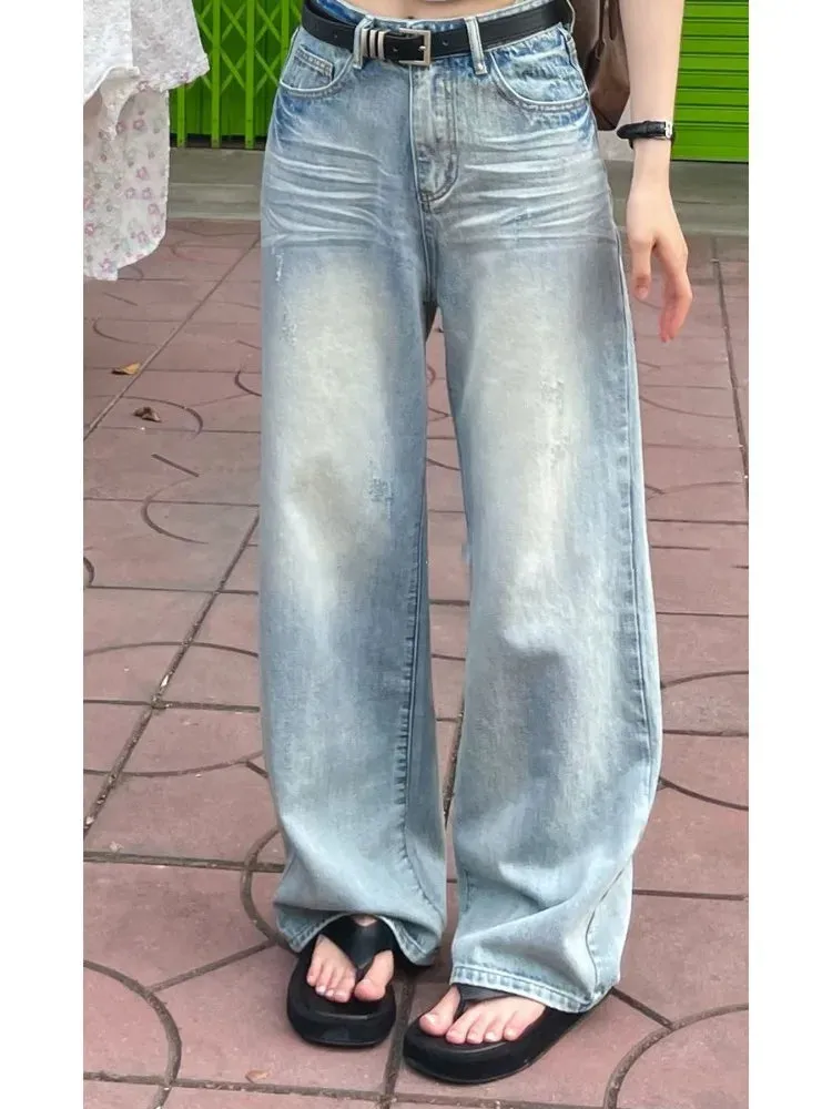 Blue Baggy Women Kpop Y2K Vintage Distressed Streetwear Oversize Wide Leg Pant