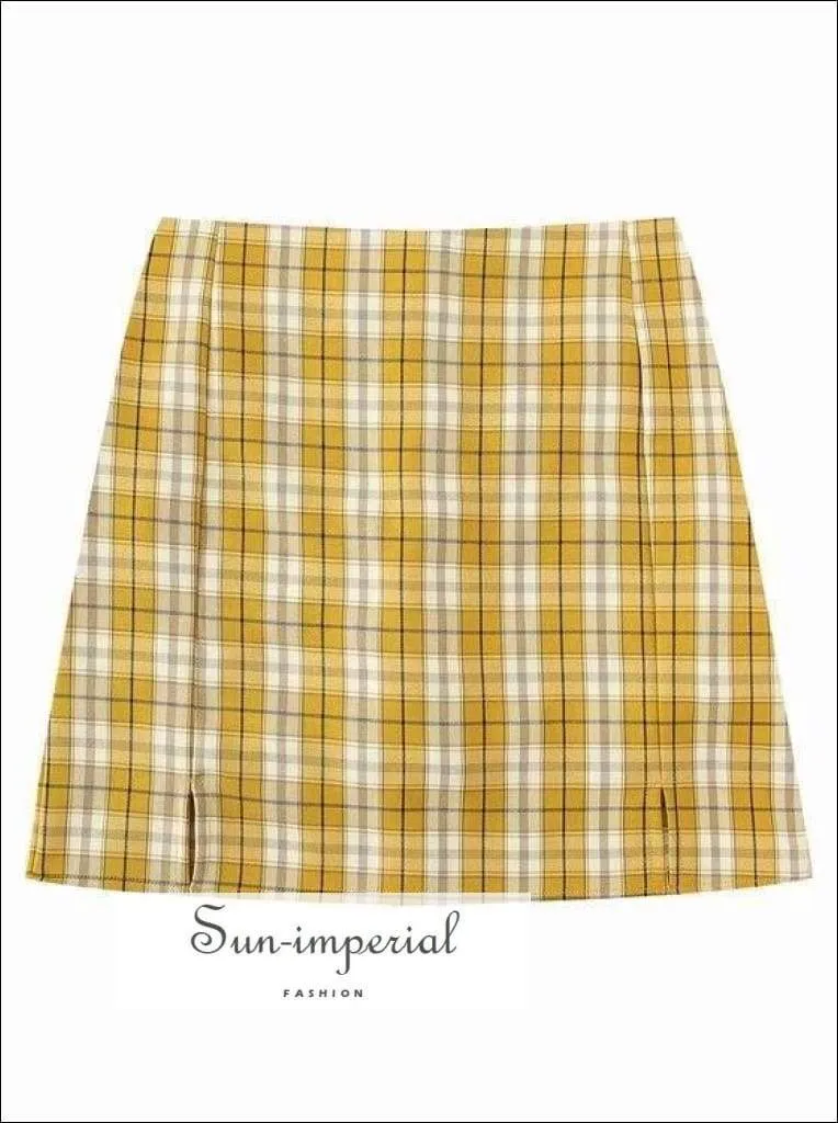 Blue Double front Slit High Waist Plaid Slim Vintage Green Gingham Checkered Mini Skirt