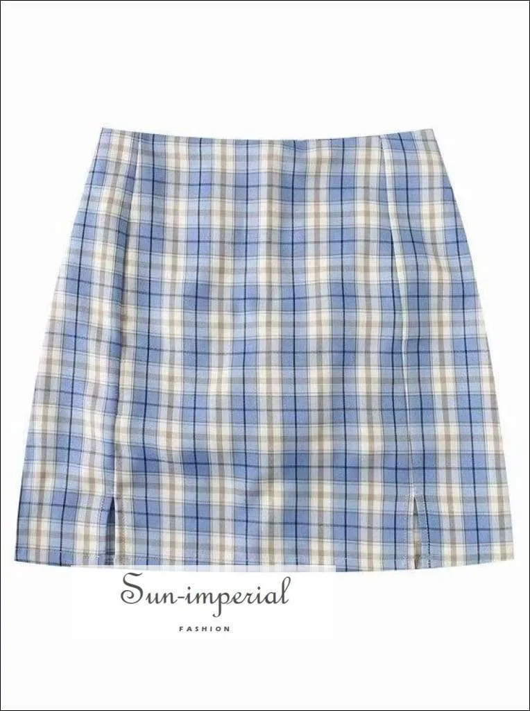 Blue Double front Slit High Waist Plaid Slim Vintage Green Gingham Checkered Mini Skirt