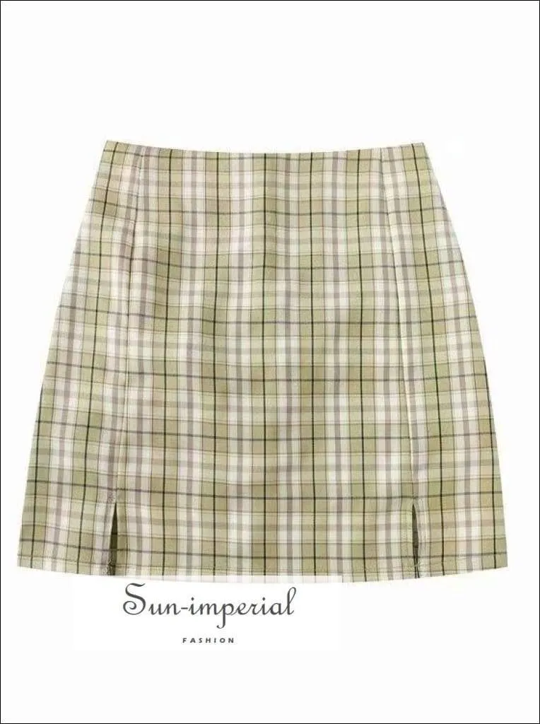 Blue Double front Slit High Waist Plaid Slim Vintage Green Gingham Checkered Mini Skirt