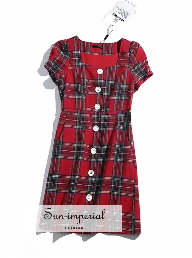 Blue Plaid Mini Dress Short Sleeve Buttoned front Square Neck