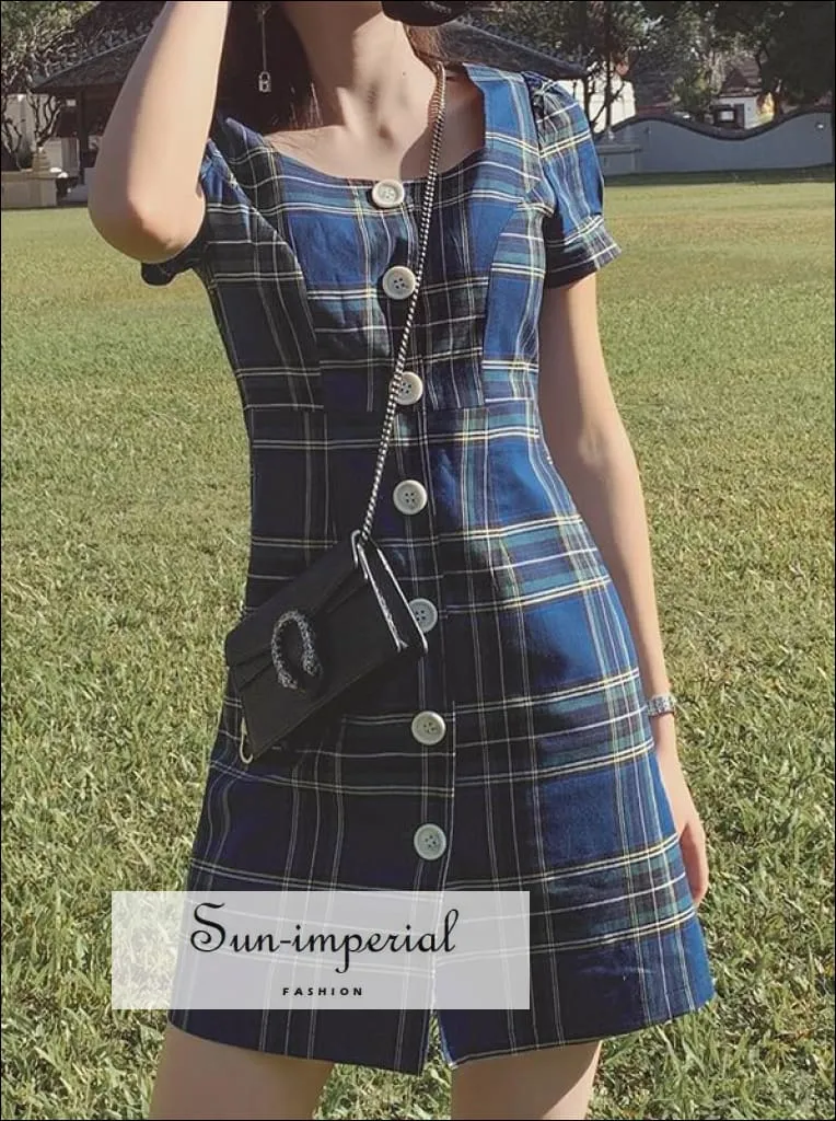 Blue Plaid Mini Dress Short Sleeve Buttoned front Square Neck