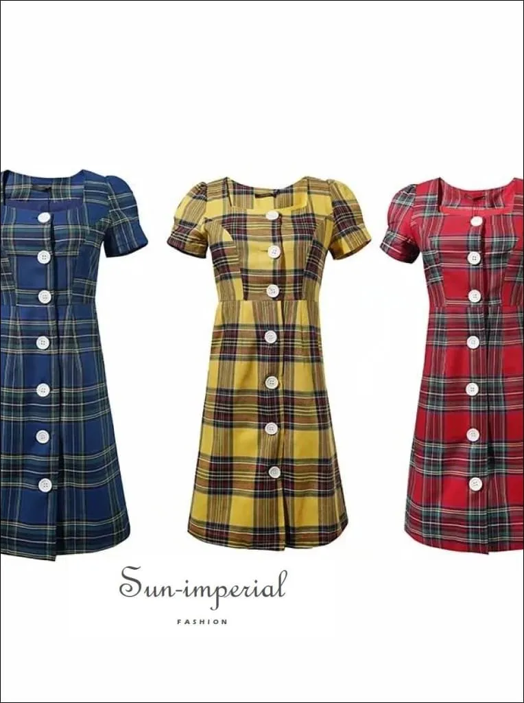 Blue Plaid Mini Dress Short Sleeve Buttoned front Square Neck