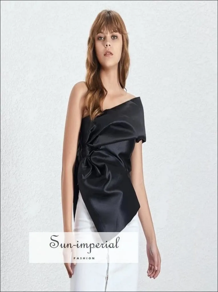 Bordeaux Top- Elegant Satin Cold Shoulder Blouse Asymmetrical Solid Black Silver Gold top