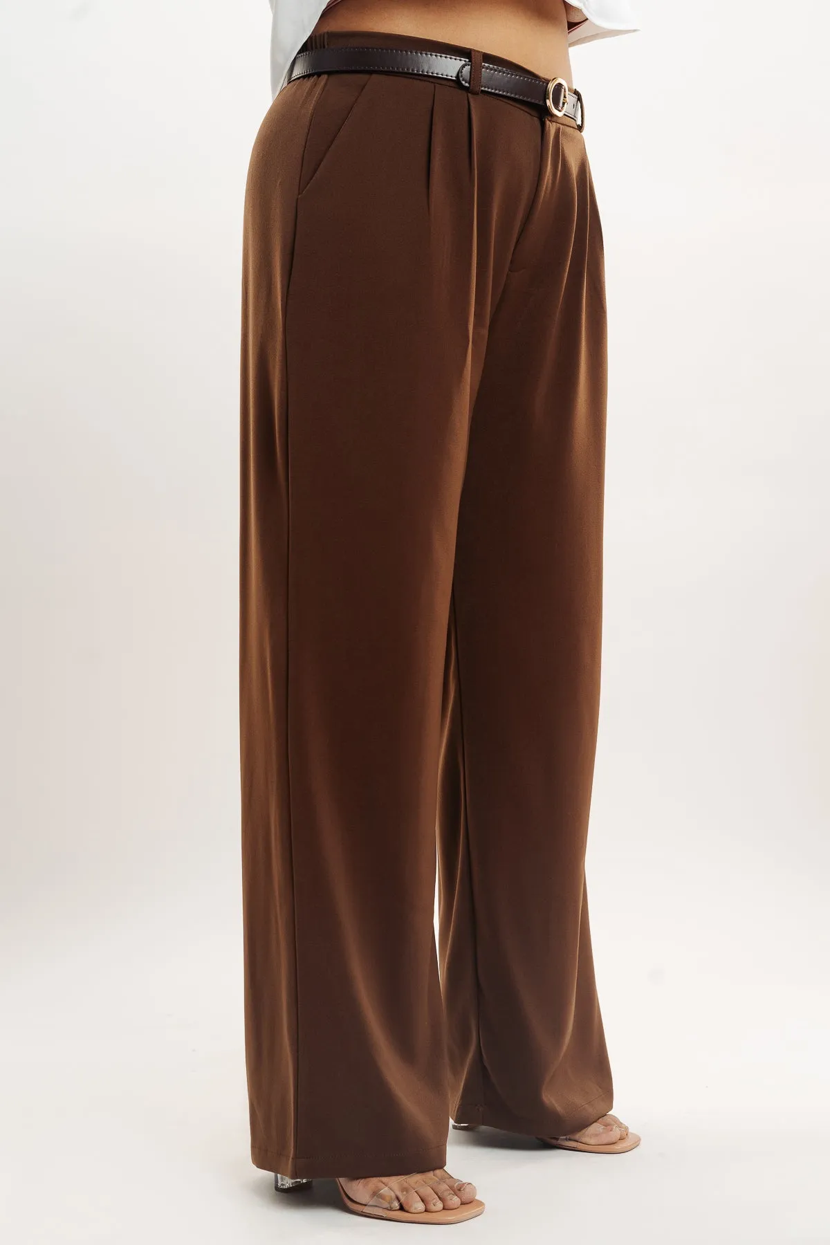 Brown Pleated Straight Fit Curve Korean Pants