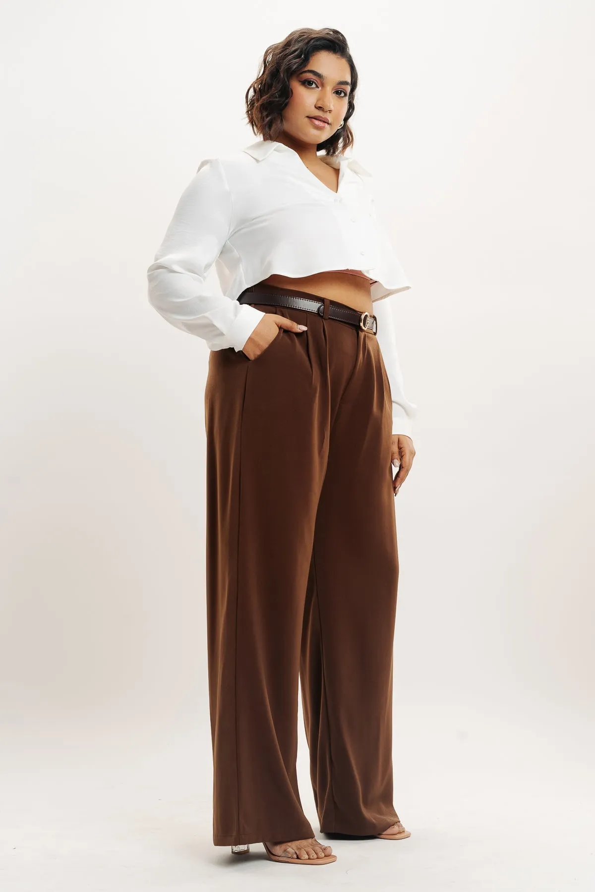 Brown Pleated Straight Fit Curve Korean Pants