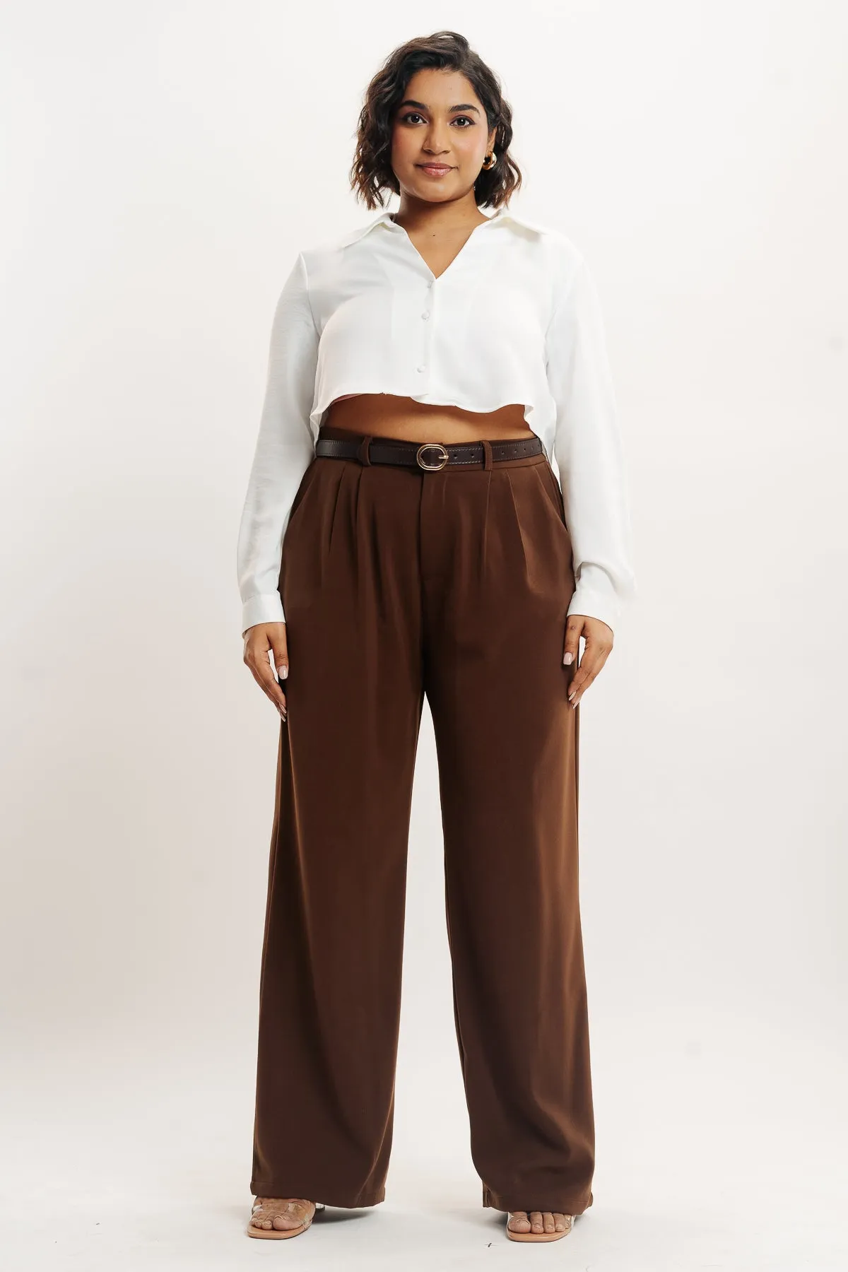 Brown Pleated Straight Fit Curve Korean Pants