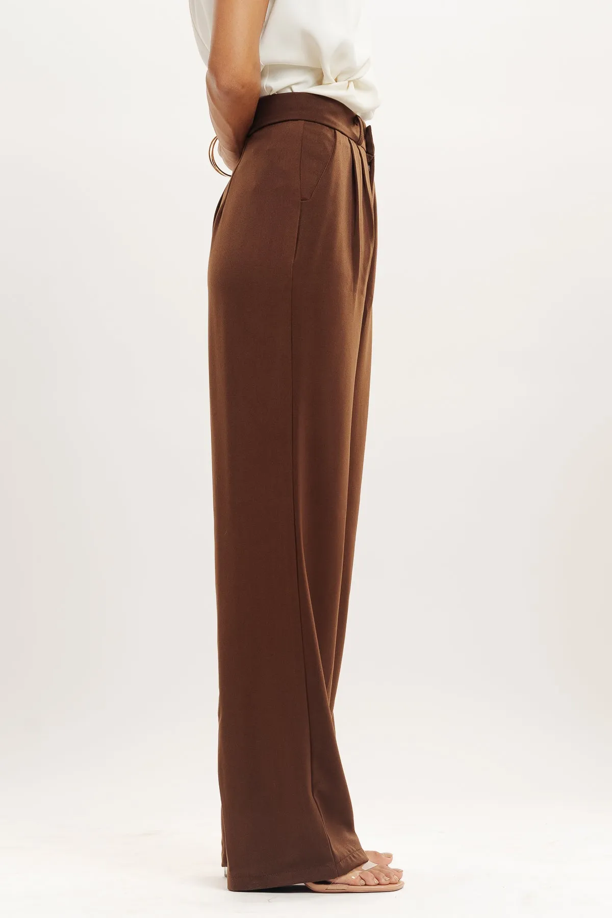 Brown Pleated Straight Fit Korean Pants