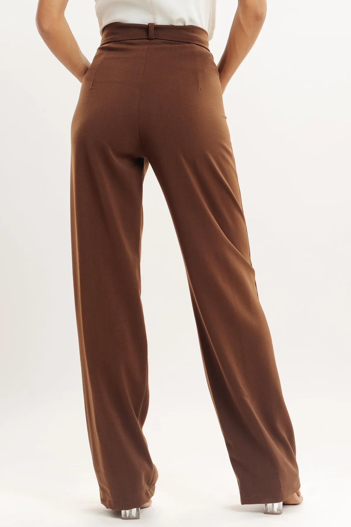 Brown Pleated Straight Fit Korean Pants