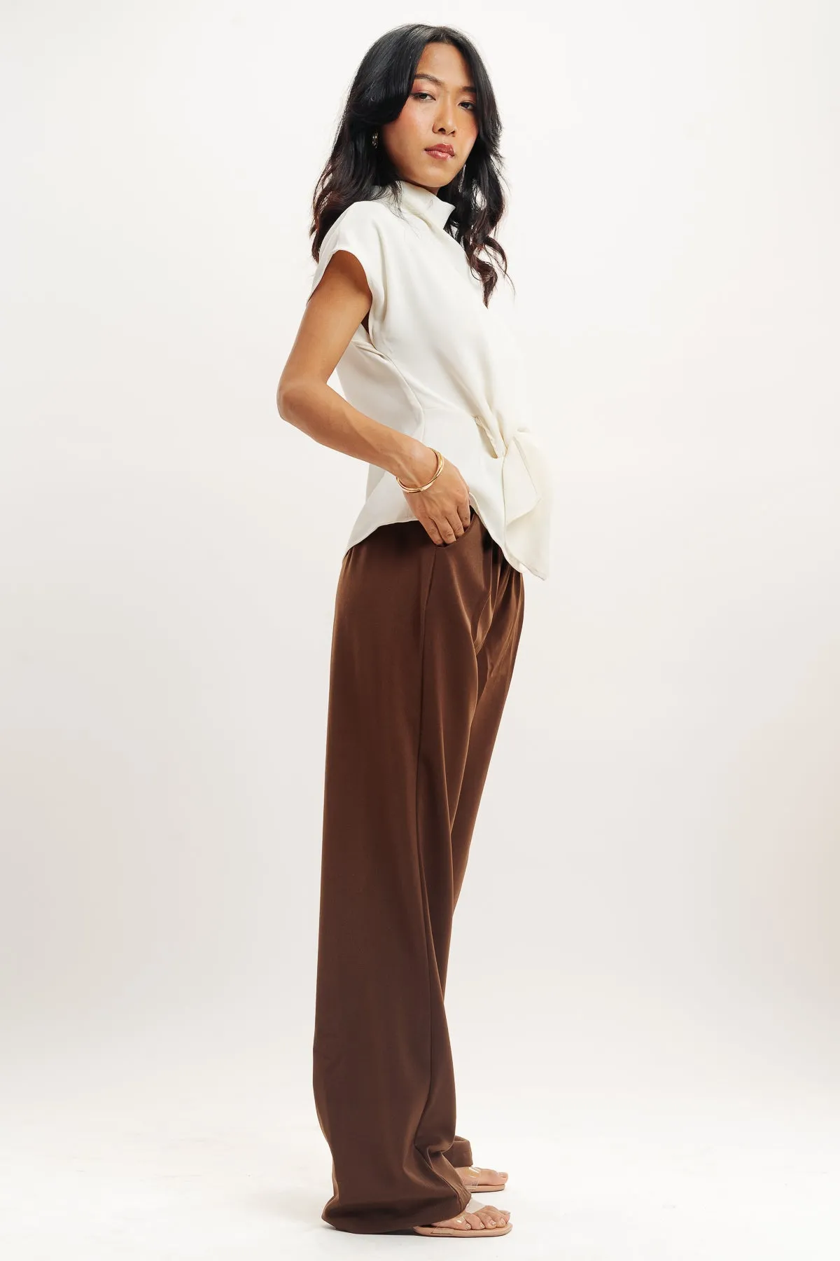 Brown Pleated Straight Fit Korean Pants